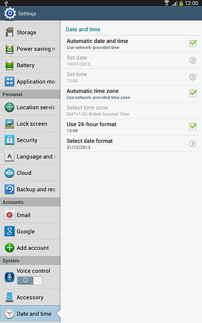 Press Automatic date and time until the function is turned on.