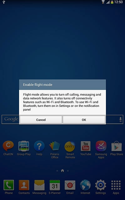 Press OK.Depending on the current setting, flight mode is turned on or off.
