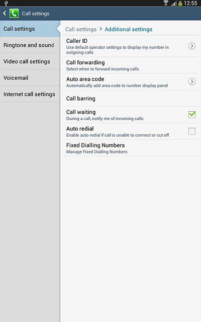The current settings are displayed.Press Call waiting to turn the function on or off.