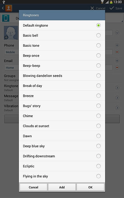 To assign your tablet's current default ring tone:Press Default ringtone.