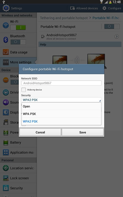 If you want to password protect your hotspot:Press WPA PSK or WPA2 PSK.