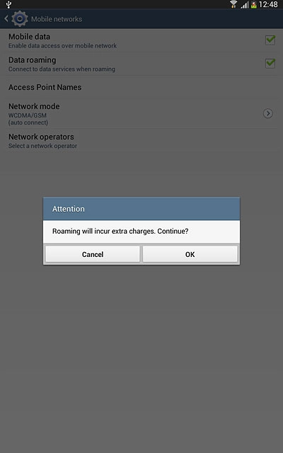 If you turn on data roaming:Press OK to confirm.