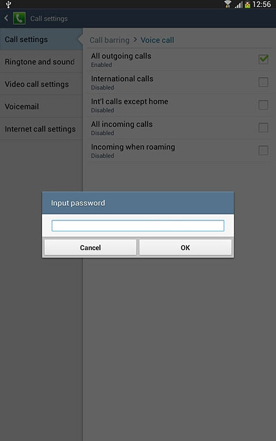 Key in your barring password (default is 0000) and press OK.Depending on the current setting, call barring is turned on or off.