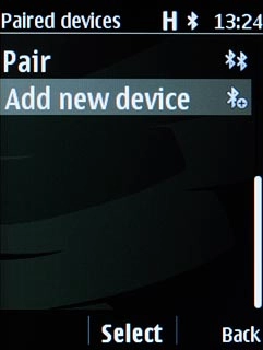 Scroll to Add new device and press the Navigation key.Your phone now searches for devices and after a moment, a list of Bluetooth devices within range is displayed.