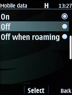 To turn off mobile data:Scroll to Off and press the Navigation key.