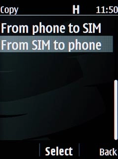 Scroll to From SIM to phone and press the Navigation key.
