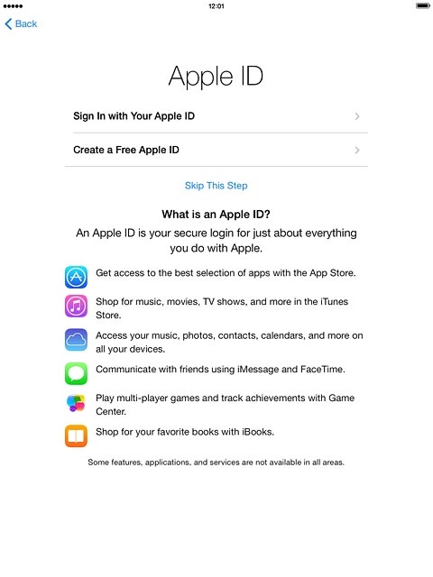 To activate your tablet using a new Apple ID:Press Create a Free Apple ID.