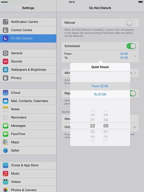 Drag hours and minutes upwards or downwards to specify the period of time in which you don't want to be disturbed.