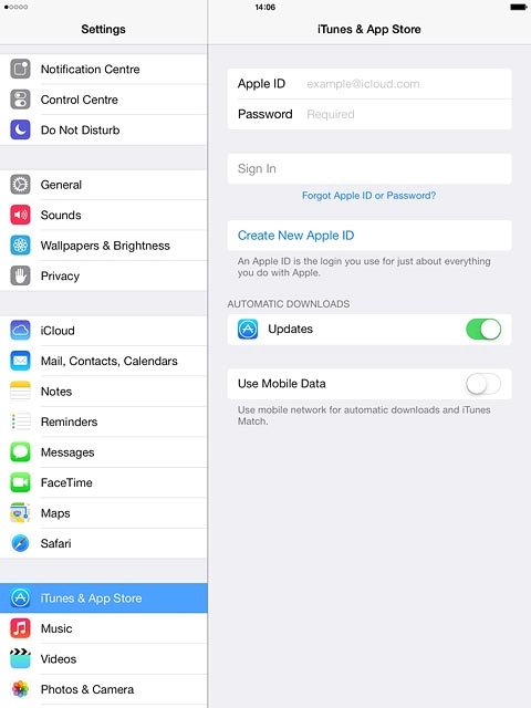 Press Apple ID and key in the username for your Apple ID.