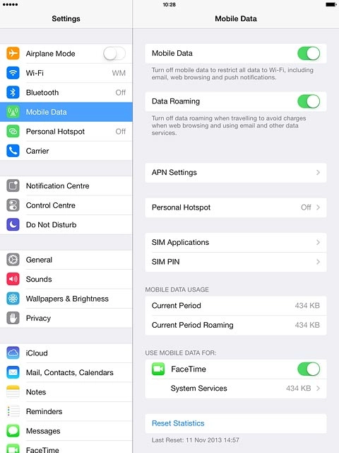 Your tablet's data usage is displayed below MOBILE DATA USAGE.