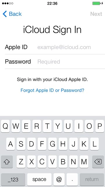 Press Apple ID and key in the username for your Apple ID.