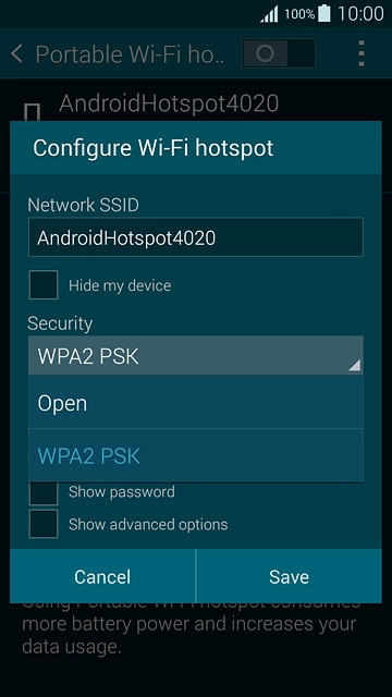 If you want to password protect your hotspot:Press WPA2 PSK.