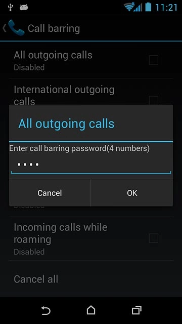 Key in your barring password (default is 0000) and press OK.Depending on the current setting, call barring is turned on or off.