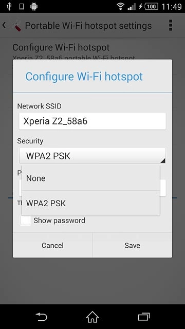 If you want to password protect your hotspot:Press WPA2 PSK.