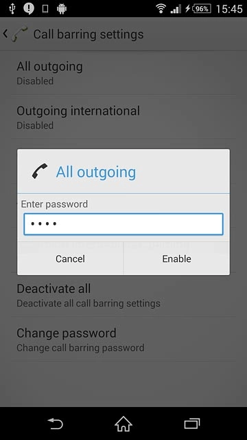 Key in your barring password (default is 0000) and press Enable to turn call barring on or off.