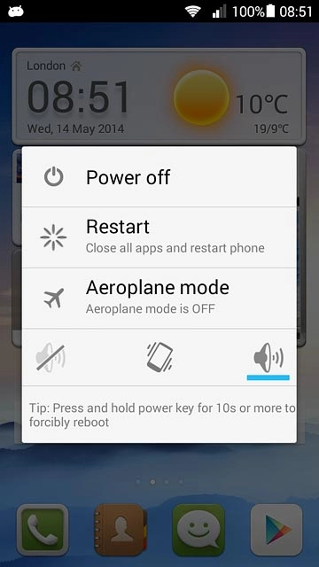 Press Aeroplane mode.Depending on the current setting, flight mode is turned on or off.