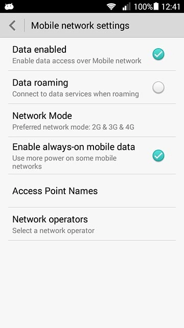 Press Data roaming to turn the function on or off.