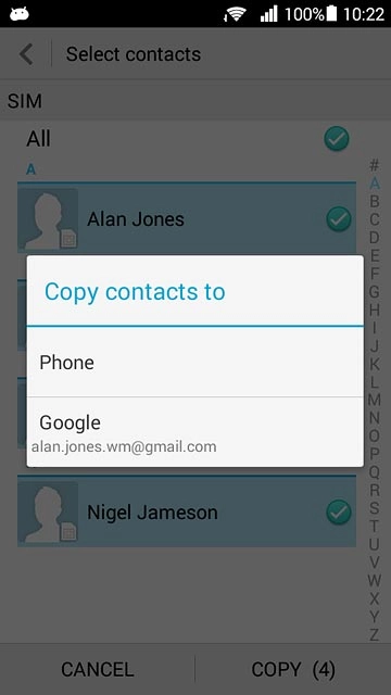 Press Phone.After a moment the contacts are copied.
