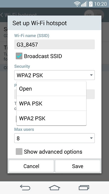 If you don't want to password protect your hotspot:Press Open.