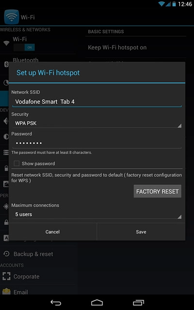 Key in the required name for the Wi-Fi hotspot.Press the drop down list below 