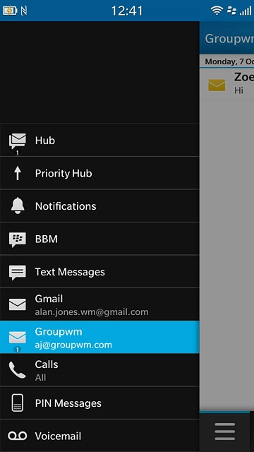 Slide your finger right on the display twice.Press the required email account.