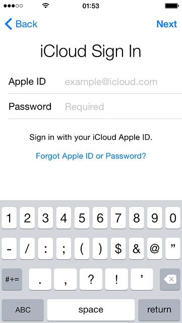 Press Next.Follow the instructions on the display to log on to iCloud.