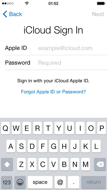 Press Apple ID and key in the username for your Apple ID.