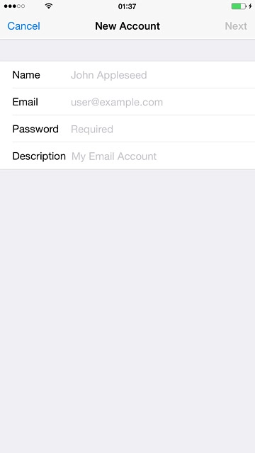Press Name and key in the name you want to use as sender name in your email messages.