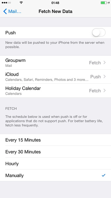 To select settings for a specific email account:Press the required email account.