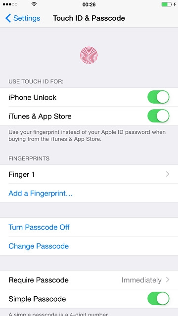 To use Touch ID to authorise iTunes and App Store purchases:Press the indicator next to 