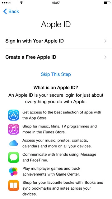 To activate your phone using a new Apple ID:Press Create a Free Apple ID.