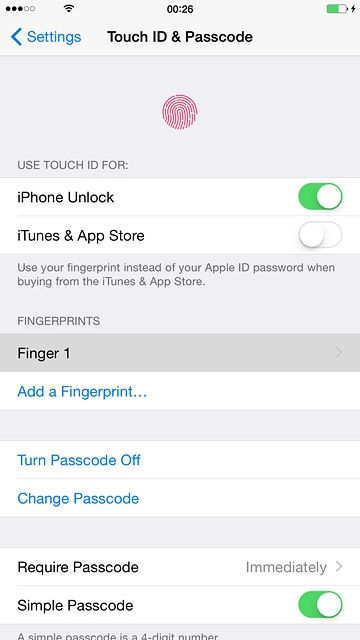 To use Touch ID as phone lock code:Press the indicator next to 