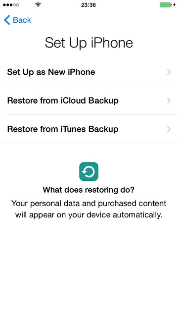 If you've used an iPhone before and want to restore previous content from an iCloud backup:Press Restore from iCloud Backup and go to step 5b.