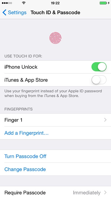 To use Touch ID as phone lock code:Press the indicator next to 