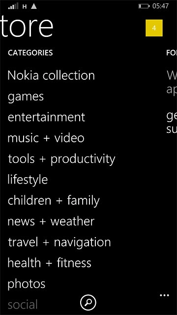 To search by category:Slide your finger right on the display.Press the required category.