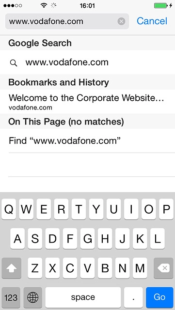 Key in the address of the required web page and press Go.