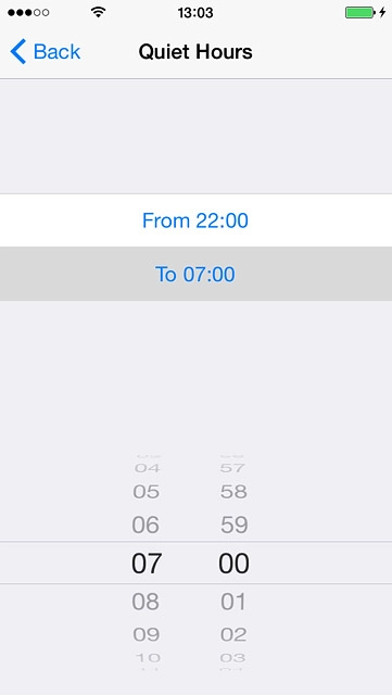 Drag hours and minutes upwards or downwards to specify the period of time in which you don't want to be disturbed.