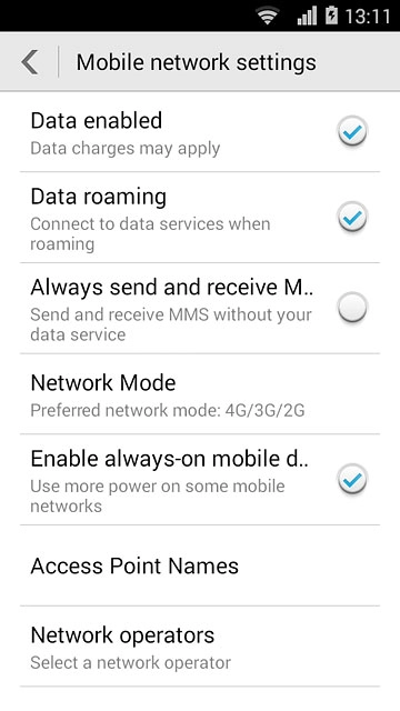 Press Data roaming to turn the function on or off.