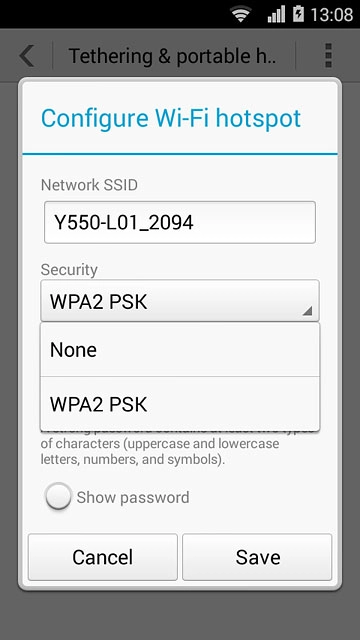If you want to password protect your hotspot:Press WPA2 PSK.