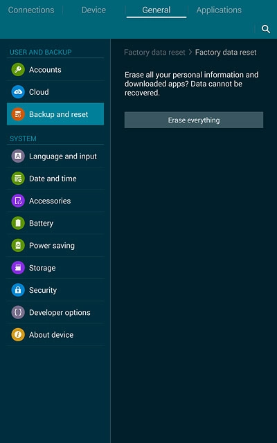 Press Erase everything.Wait a moment while the factory default settings are restored.Follow the instructions on the display to set up your tablet and prepare it for use.