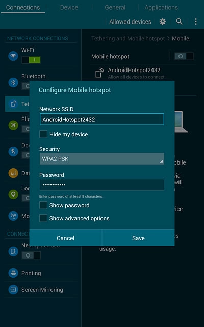 Key in the required name for the Wi-Fi hotspot.Press the drop down list below 