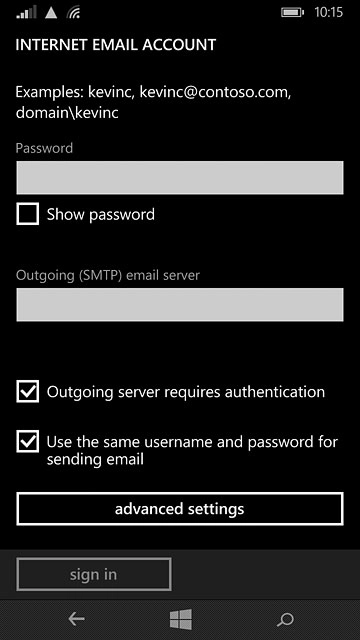Press Outgoing server requires authentication to turn the function on or off.Follow the instructions on the display to use the username and password for your email account.Please note that if you're using Vodafone's outgoing server, you need to turn off SMTP authentication.
