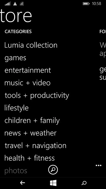 To search by category:Slide your finger right on the display.Press the required category.