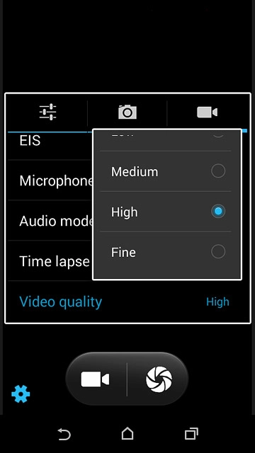 Press the required setting.