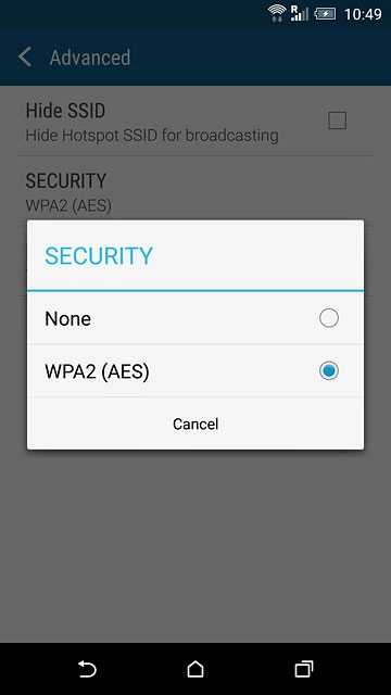 If you want to password protect your Wi-Fi hotspot:Press WPA2 (AES).