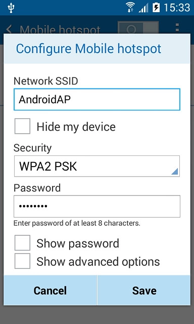 Key in the required name for the Wi-Fi hotspot.Press the drop down list below 