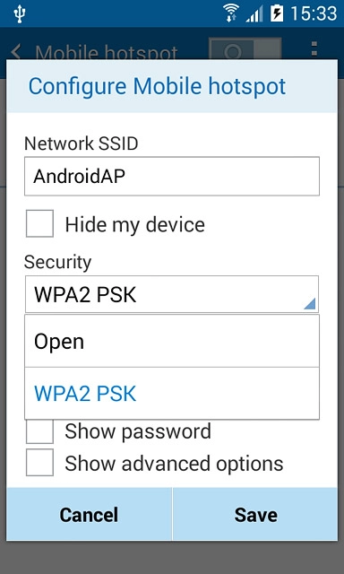 If you want to password protect your hotspot:Press WPA2 PSK.