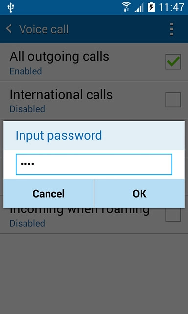 Key in your barring password (default is 0000) and press OK to turn the function on or off.