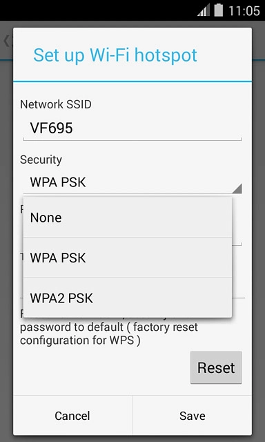 If you want to password protect your Wi-Fi hotspot:Press WPA2 PSK.