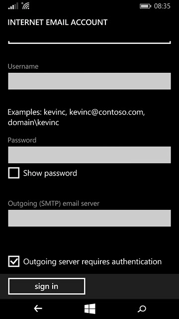 Press Outgoing server requires authentication to turn the function on or off.If you turn on the function:Follow the instructions on the display to use the username and password for your email account.Please note that if you're using Vodafone's outgoing server, turn off SMTP authentication and leave the username and password fields empty.